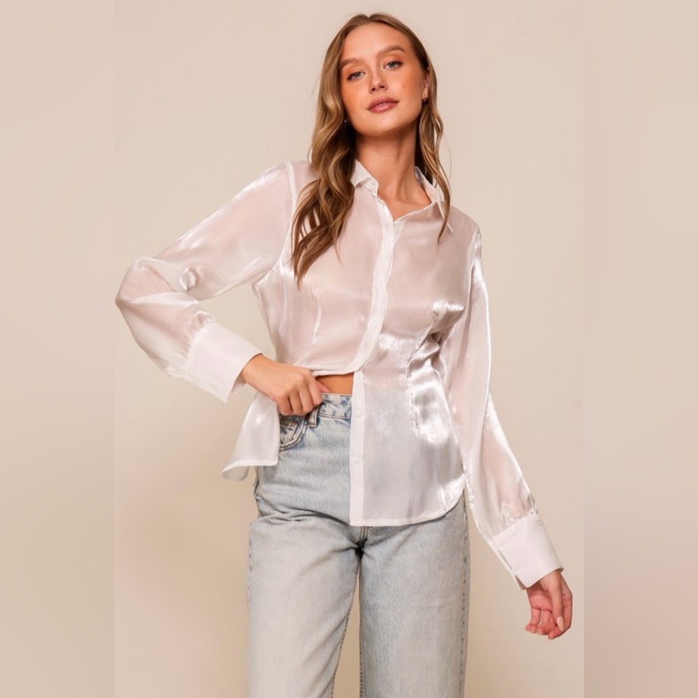 Lumiere White Satin Button Down Shirt
